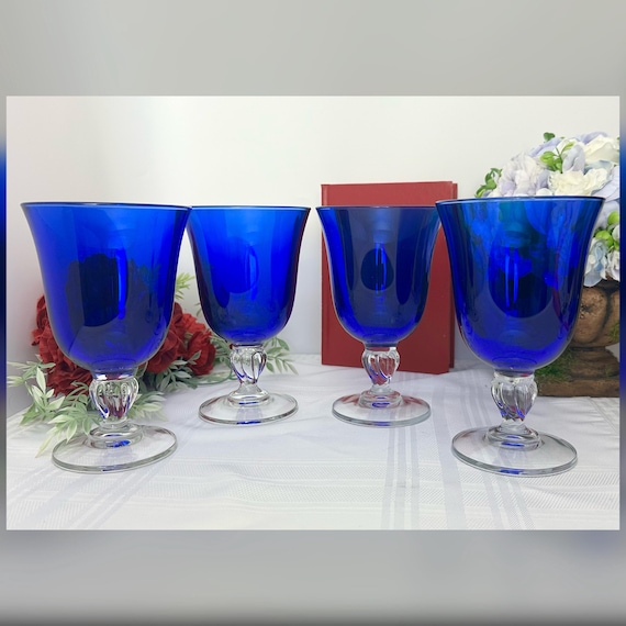 Blue Casual Setting Water Glasses / Cristal D 'Arques Durand Sapphire Blue Goblets / Vintage Blue Water Glasses / Casual Setting Glasses 4