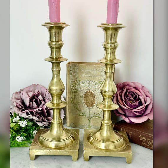 Antique Solid Brass Candlesticks Pair 10 Inch Heavy Polished Candle Holders