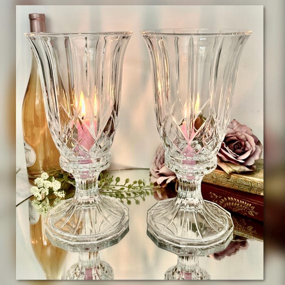 Vintage Crystal Glass Hurricane Candle Holders Pair 12" Taper Pillar Wedding