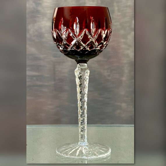 AJKA Arabella Ruby Red Hock Wine Glass / Vintage Ajka Cut to Clear Glass / Ajka Ruby Red Wine Hock / Vintage Red Cut to Clear Wine Glass - 1