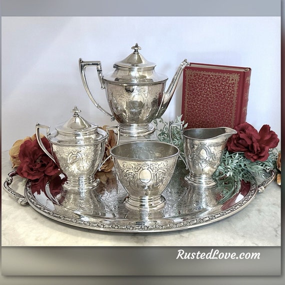 Antique Tea and Coffee Set / Silver Treble Plate / Vintage Simpson Hall & Miller / 1800's Tea Service / Kitchen and Dining / Serving Tray
