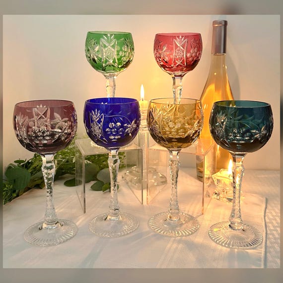 Beyer Bohemian Hock Wine Glasses / Bohemian Styled Blown Cut Glasses / Vintage Multi Colored 7 5/8" Wine Hocks /  Cut to Clear Wine Hocks