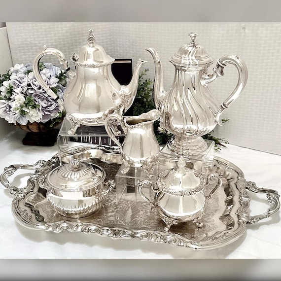 Vintage Tea & Coffee Set with Tray / Silver Plated Tea Set / Silverplated Tea and Coffee Service Set / Mixed Makers Tea Serving - 6 Pc Set