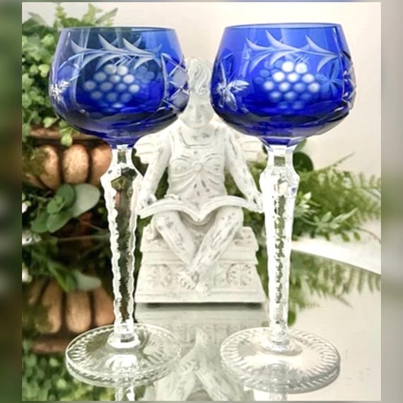 Bohemian Cut Blue Wine Hocks / Lausitzer Blue Hock Wine Glasses / Bohemian Cut to Clear Lausitzer Wine Glasses / German Hock Wine Glasses