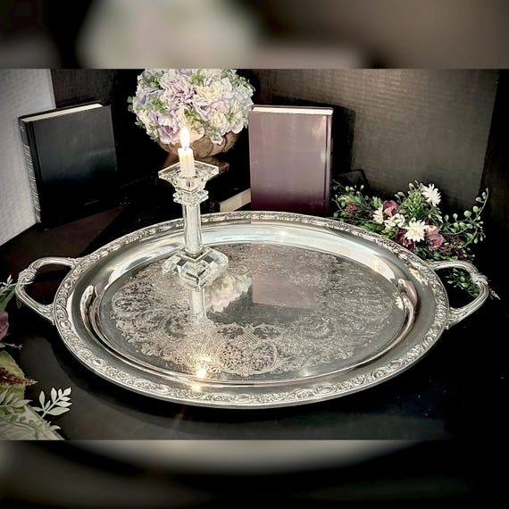 Rogers Silver Plated Tea Tray - Victorian Rose Butlers Tray - Vintage Tea Service Tray - Ornate Silver Butler Service Tray - Handled Tray
