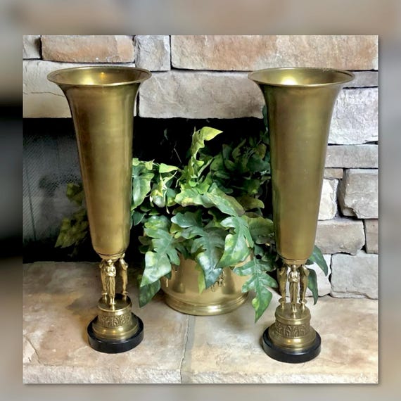 Vintage Solid Brass Vases / Bombay Vases / Grecian Styled Urns / Antiqued Brass / Floor vase / Vintage Brass Urns / Home Decor Gift- a Pair