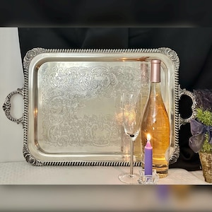 Vintage Silver Plated Butler&#39;s Tray - Large Serving Tray with Handles - Ornate Silver Tray for Tea Set - Vintage Silverplated Dining Tray