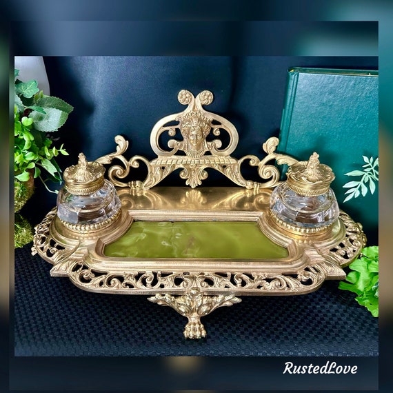 Antique French Bronze Ink Well / Victorian Gold Bronze Ink Well / Antique Brass Figural Encrier / Victorian Crystal Ink Jars / Lion Paw Feet