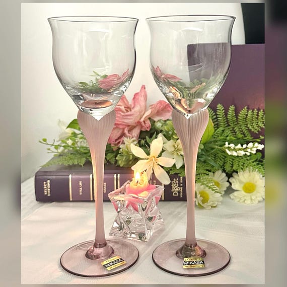 Mikasa Sea Mist Frosted Stem Wine Glasses Pink / Amethyst Mikasa Stemware / Sea Mist Pink Wine Goblets / Vintage Mikasa Wine Glasses  - 2