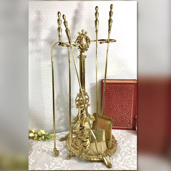 Antique Fireplace Tool Set / Vintage Fireplace Tools / Solid Brass Gold Antique tool / Victorian Hearth Decor / English Country / Old Brass