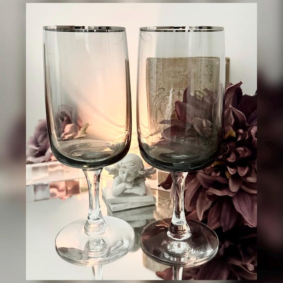 Fostoria Cherish Gray Wine Glasses Pair Platinum Trim Replacement Grey Glasses