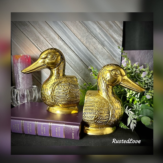 Vintage Brass Duck Book Ends / Brass Duck Book Holders / Brass MCM Nautical Duck Bookends / Gold Beach Decor  / Mallard Duck Bookends