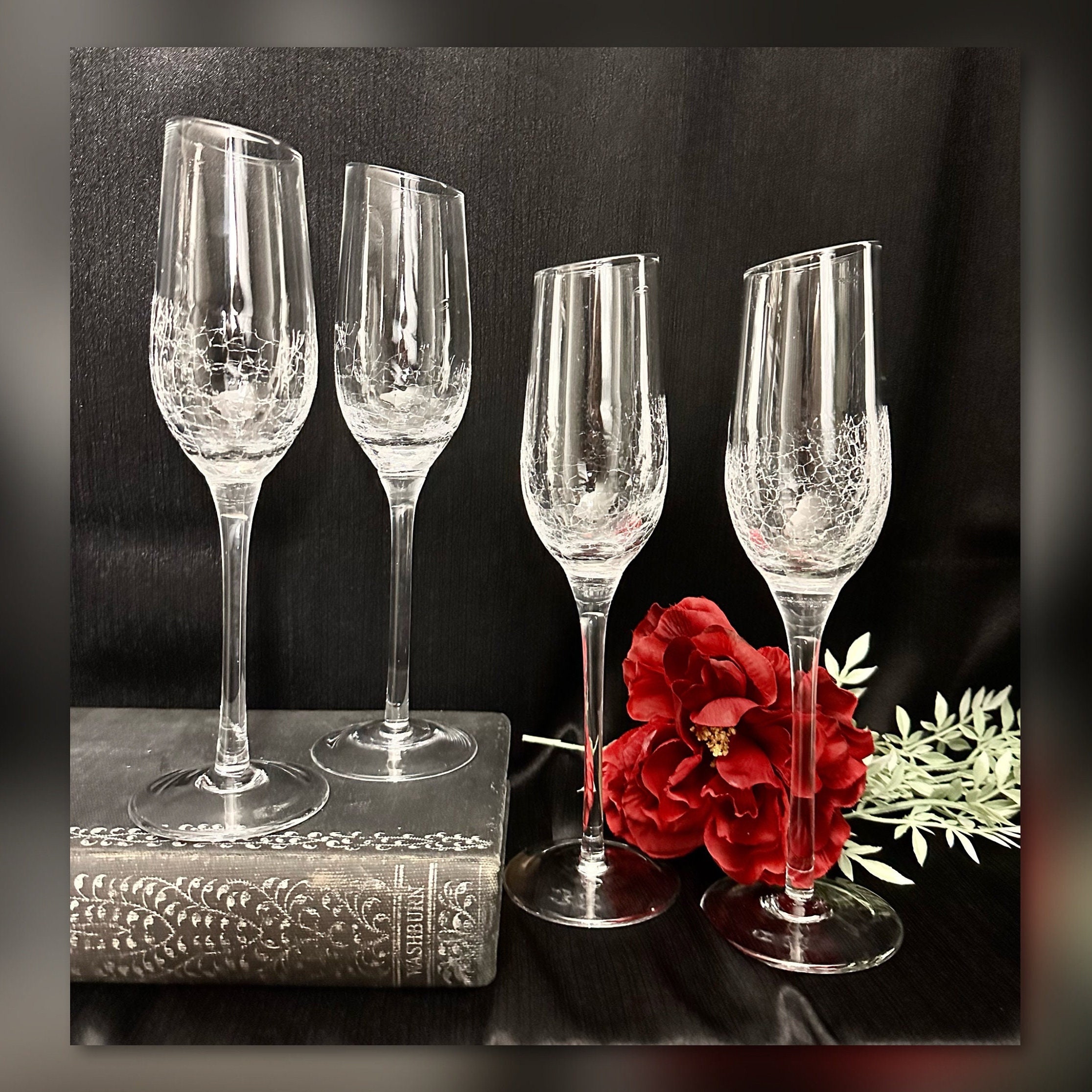 3- Pier 1 One Clear Crackle Angled Rim Red Wine Glasses Goblets 8 5/8 Slant