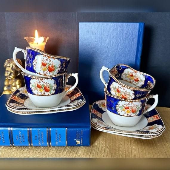 Wood & Sons Napoli Blue Tea Cups Saucers Set of 4 English