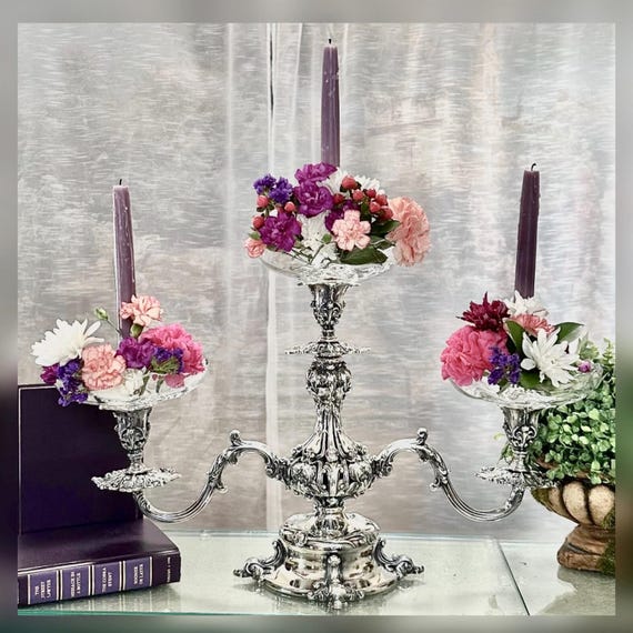 Vintage Reed & Barton Silver Plated Epergne Candelabra with Glass Bowls