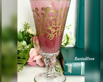 Arte Italica Pink Wine Glass / Vintage Italian Wine Glass / Hand Painted Gold Swirl Pink Arte Italica Wine Glass / Arte Clear Twisted Stem 1