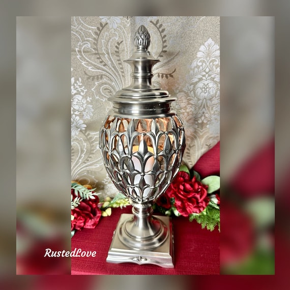 Decorative Crafts Inc. Metal Vase / Silver scrolled Lidded Vase / Silver Metal Candle Holder / Silver Lidded Urn / Decorative Crafts Urn