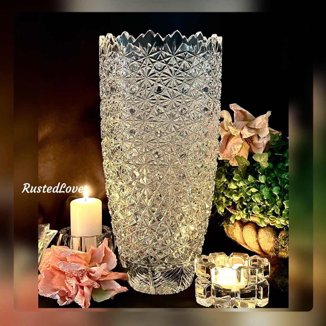 Vintage Yasemin Cut Crystal Large Vase / Yasemin Signed 15 Crystal Vase / Large Sawtooth Rimmed