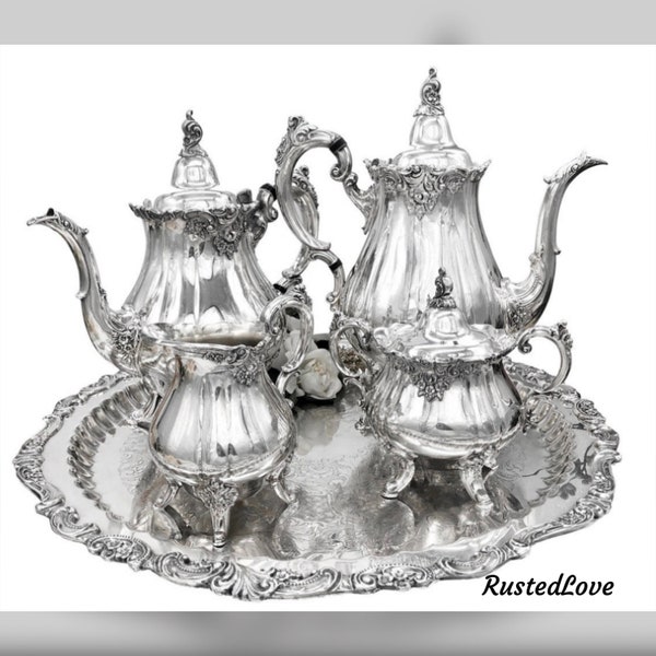 Vintage Tea Set / Wallace Baroque Tea Set / Wallace Silverplated / Large Tea Tray / Silver Coffee Pot / Baroque Tea Set / Sugar and Creamer