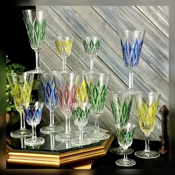 Vintage VMC Reims Glasses - MCM Harlequin Champagne & Cordial Set