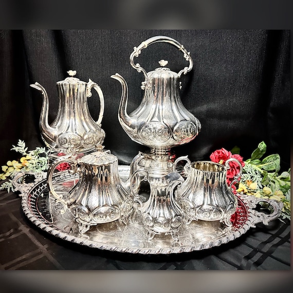 Antique Tea Set / Circa 19th Century / Silver Plated Tea Set / Antique WEP Co. Tea Set /German Hand Chased Tea Coffee Set / Tilting Tea Pot