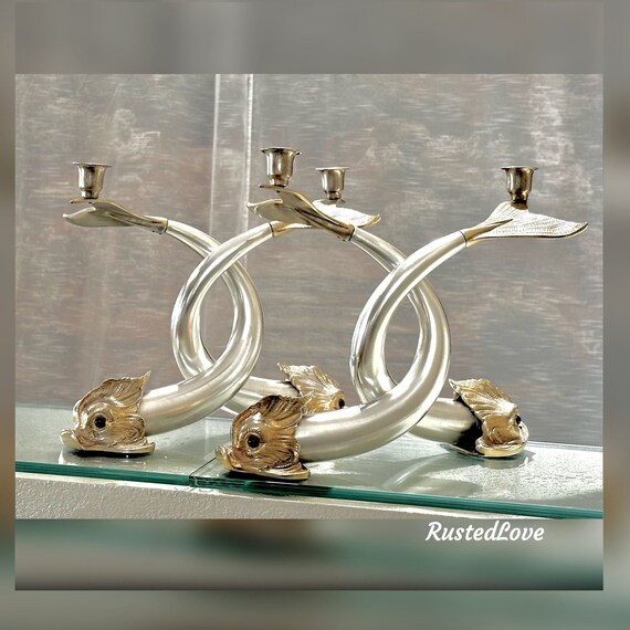 RARE Candleholders / Vintage Silver Plate / Brass Dolphins / Made in Italy / Koi Fish / Pair CandleSticks / Silver Candle holders / Italian