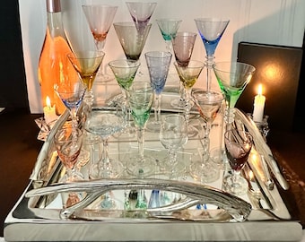 Vintage Blown Glass Cordial Set with Mirrored Tray