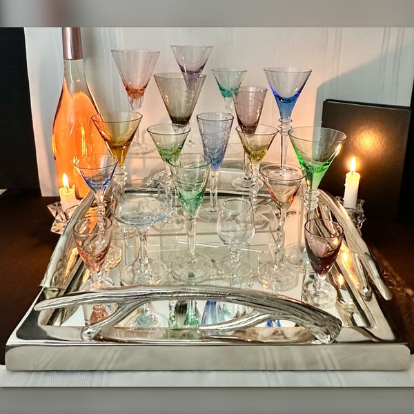 18 Cordial Aperitif Glasses / Colored Cordial Glasses / Blown Glass Aperitif Glasses / Silver Mirrored Serving Tray / 18 Cordial Glasses