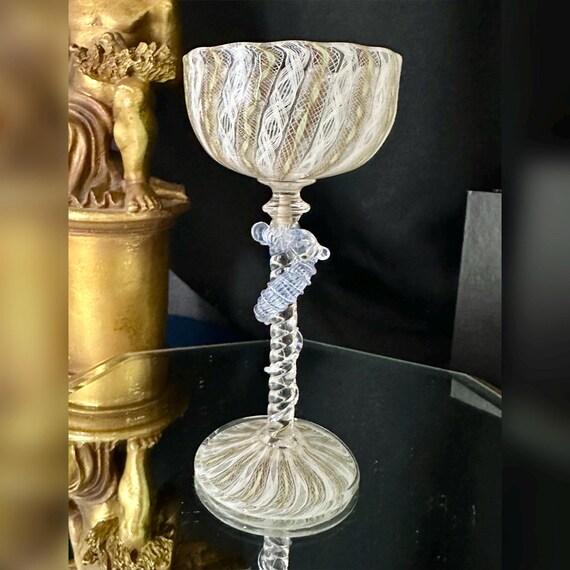 Murano Glass Venetian Seahorse Gold Glass / White and Bllue Italian Tipetto Glass / Venetian Hand Blown Glass / Seahorse Italian Wine Glass