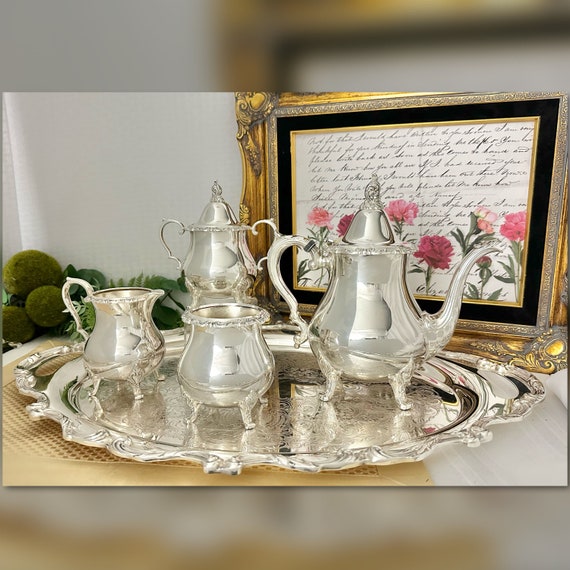 Wallace La Reine Tea Set / Silver Plated Wallace La Raine Tea and Coffee Set / 5 Pcs. Tea & Coffee Service Set with Tray / Wallace La Reine