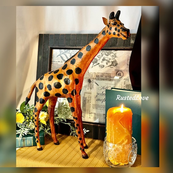 Giraffe Statue / Leather Giraffe / Hand Crafted Animal / African Animal statue / Hand Painted Leather Giraffe / Vintage Hand Painted Giraffe