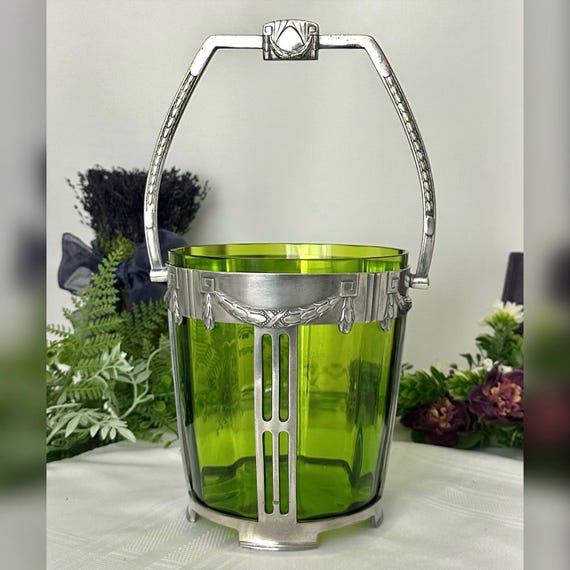 Vintage Art Deco Champagne Bucket / Silver Plated & Green Glass Art Deco Wurttembergische Wine Chiller / Green Art Deco Vintage Ice Bucket