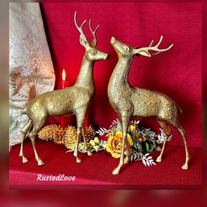 Brass Reindeer Statues / Christmas Reindeer / MCM Gold Brass Deer / Vintage Brass Deer / Brass Deer Figures / Christmas Holiday Reindeer