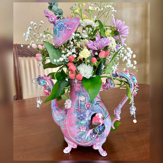 Hand Painted Vase / Hand Painted Tea Pot Vase / Hanging BoHo Bird House Vase / Repurposed Tea Pot Pink Vase / Hand Crafted Tea Pot Vase