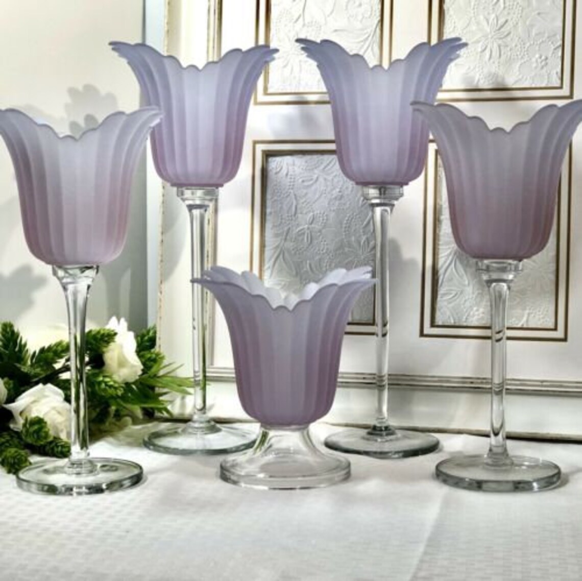 Vintage Pink Frosted Glass Flower Candle Holders/ Lavender Etsy