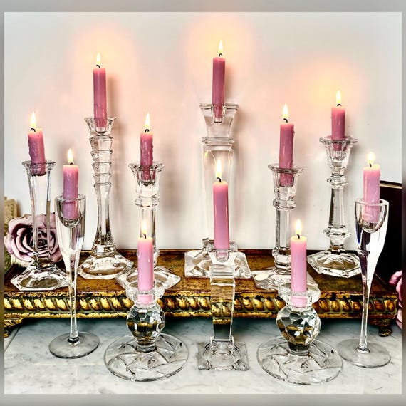 Vintage Crystal Candlesticks Set of 11, Mixed Glass Taper Candle Holders, Wedding Table Decor