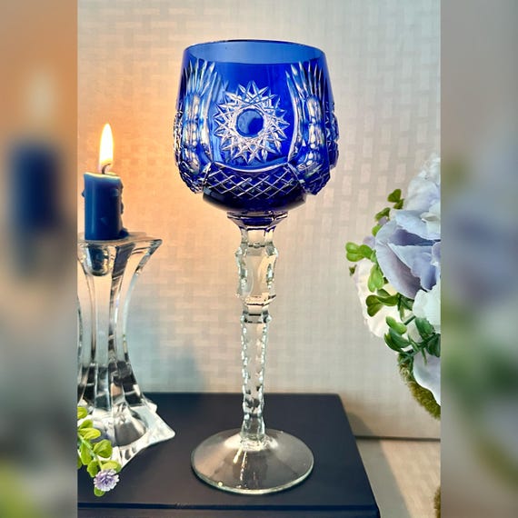 Cobalt Blue Bohemian Wine Glass / Blue Cut to Clear Bohemian Wine Goblet  / Vintage Blue Cut Wine Glass / Vintage Bohemian Blue Glass - 1