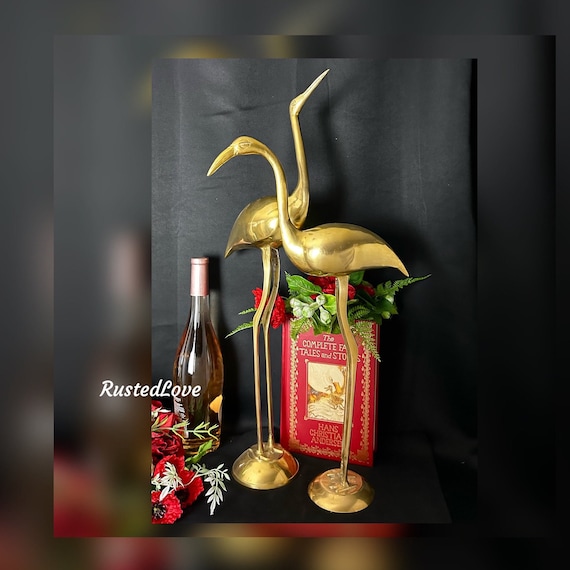 Brass Flamingo Statues / MCM Brass Flamingo Figurines / Tall Decorative Brass Beach Flamingos / Pair Gold Flamingo Statues / Bird  Statues