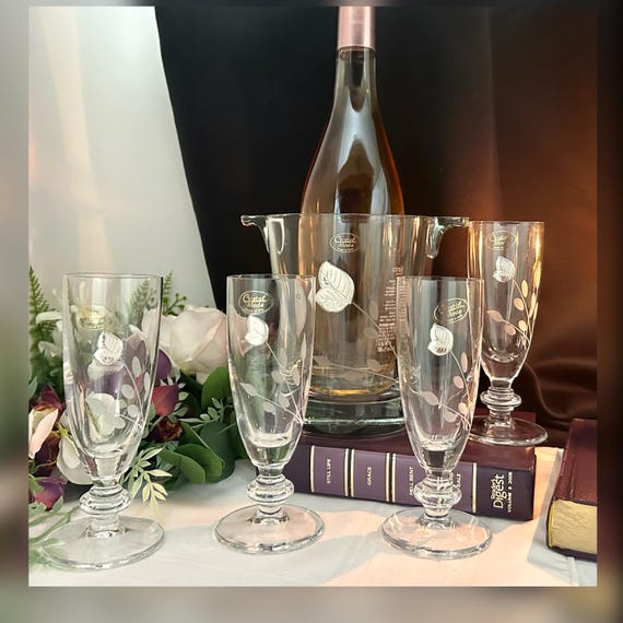 Cristal Mode Wine Glasses & Ice Bucket Set, Italian Pewter Leaf Barware