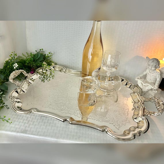 Vintage Silver Plated Tea Tray / Silver Butlers Tray / International Silver Bar Tray / Silver Plated Tea Serving Tray / Footed Vintage Tray
