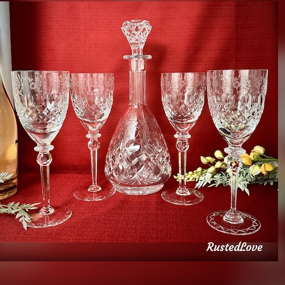 Rogaska Gallia Decanter and Water Glasses / Vintage Gallia Rogaska Glasses and Decanter / Rogaska Wine Glasses / Barware Set - 5 Pieces