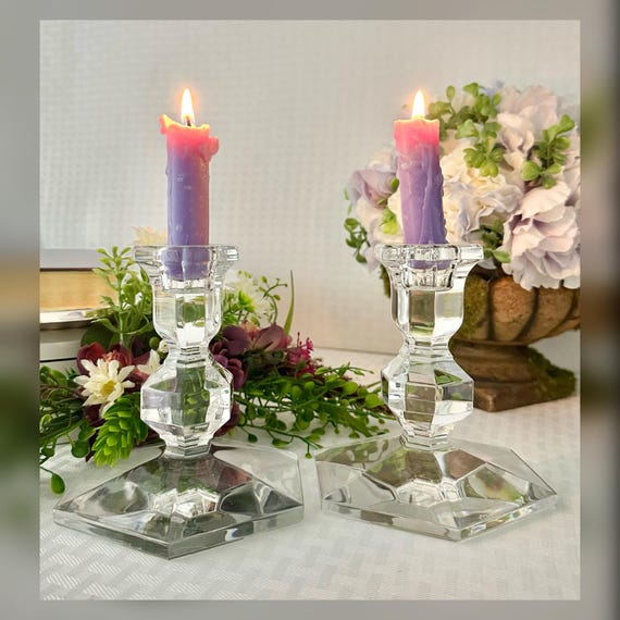 Crystal Candle Holders / Val St Lambert Candlesticks / Gardenia Crystal Candle Sticks / Vintage Pair Taper Holders / Clear Crystal / Pair