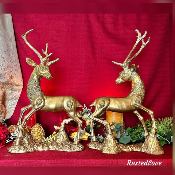 Vintage Brass Deer / Brass Reindeer Statues / Brass Deer Figures / Christmas Reindeer / MCM Gold Brass Deer / Christmas Holiday Reindeer
