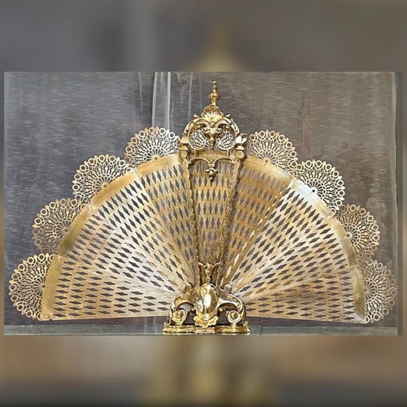 Rare Antique English Brass Peacock Fan Fireplace Screen Victorian Hearth Decor