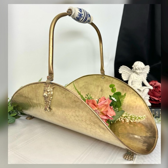 Vintage Brass Fireplace Log Holder,  Lion Paw Feet, Delft Blue Handle, Large Hearth Decor