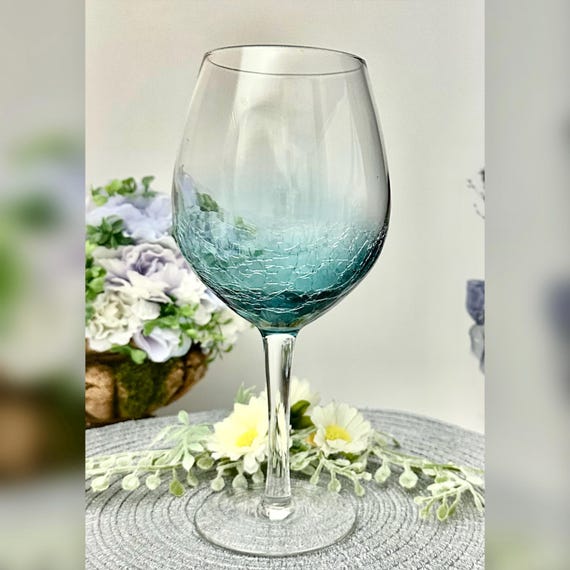 Pier 1 Teal Blue Crackle Wine Glass / Large Bowl Pier 1 Teal Wine Glass /  18 Oz Hand Blown Teal Wine Glass / Vintage Pier 1 Crackle Glass