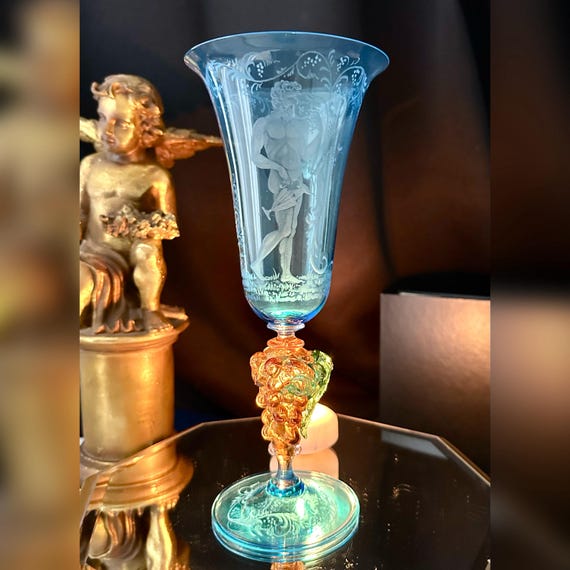 Murano Glass Venetian Hand Blown Glass / Bacchus Murano Tipetto Blue Wine Glass / Vintage Venetian Blue & Gold Bacchus God of Wine Glass   1