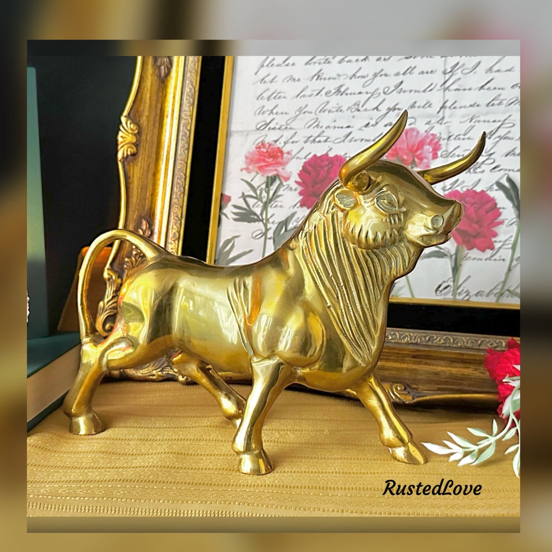 Vintage Brass Bull Statue / Charging Bull Figure / Solid Polished Brass