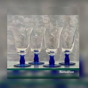 Royal Blue Stemmed Water Glasses / Cobalt Blue Stem Water Glasses / Blue and Clear Wine Glasses / Blue Blown Glass Water Goblets - 4 Pc