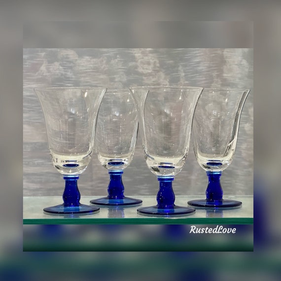 Royal Blue Stemmed Water Glasses / Cobalt Blue Stem Water Glasses / Blue and Clear Wine Glasses / Blue Blown Glass Water Goblets - 4 Pc
